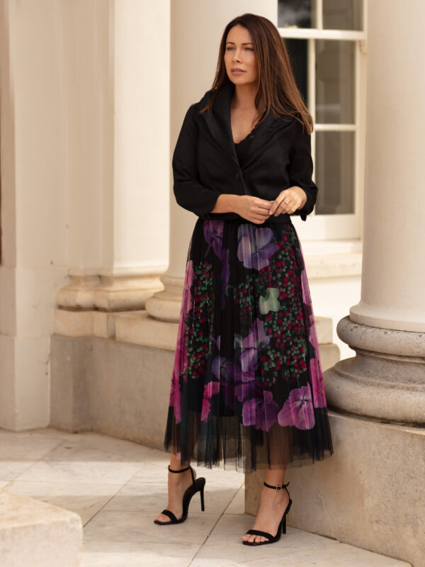From My Mother's Garden Mesh Skirt in the beautiful Harmony print of hydrangeas. Wear it smart or more casual