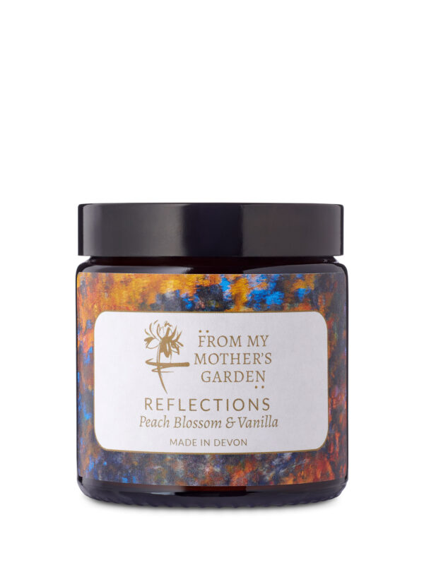 From My Mother's Garden Reflections Candle pot available in two sizes. Reflections combines Peach Blossom and Vanilla for a beautiful fragrance to scent your room