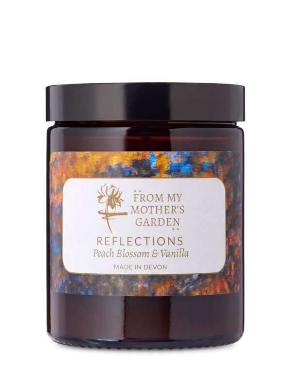 From My Mother's Garden Reflections Candle pot available in two sizes. Reflections combines Peach Blossom and Vanilla for a beautiful fragrance to scent your room