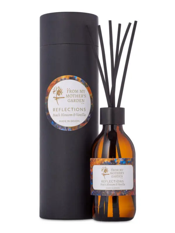From My Mother's Garden Reflections Diffuser is a beautiful scent of Peach Blossom and Vanilla. It makes a beautiful gift presented in a black tube