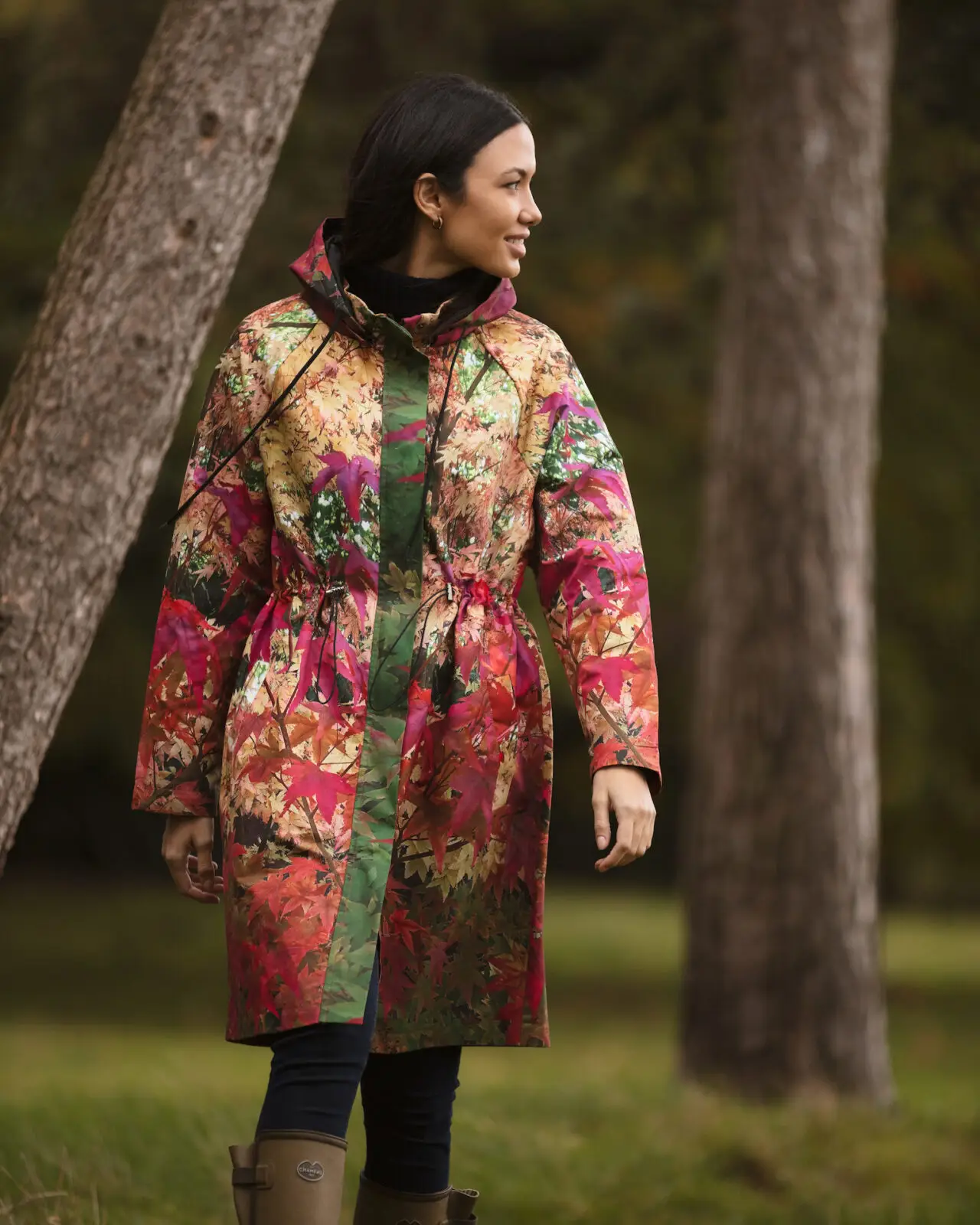 From My Mother's Garden Maple Leaves Hooded Raincoat is a colourful outdoor jacket which will protect you from the rain