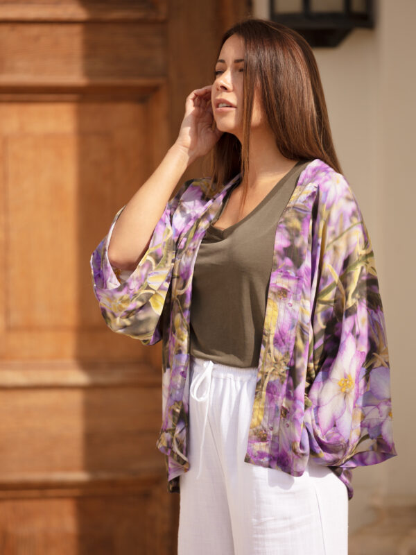 From My Mother's Garden Lilac Delphinium Short Kimono is a silky smooth, sustainable fabric