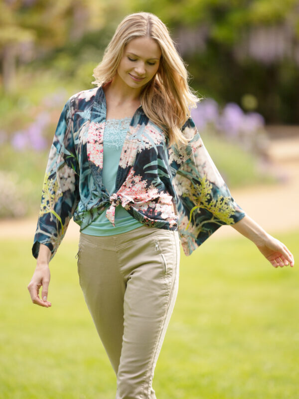 From My Mother's Garden Black Lace Kimono is a beautiful floral jacket in a floral Elderflower print