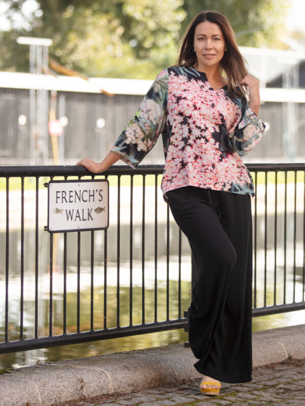 From My Mother's Garden Black Lace Box Top in a silky smooth fabric. The print is based on a variety of Elderflower called Black Lace