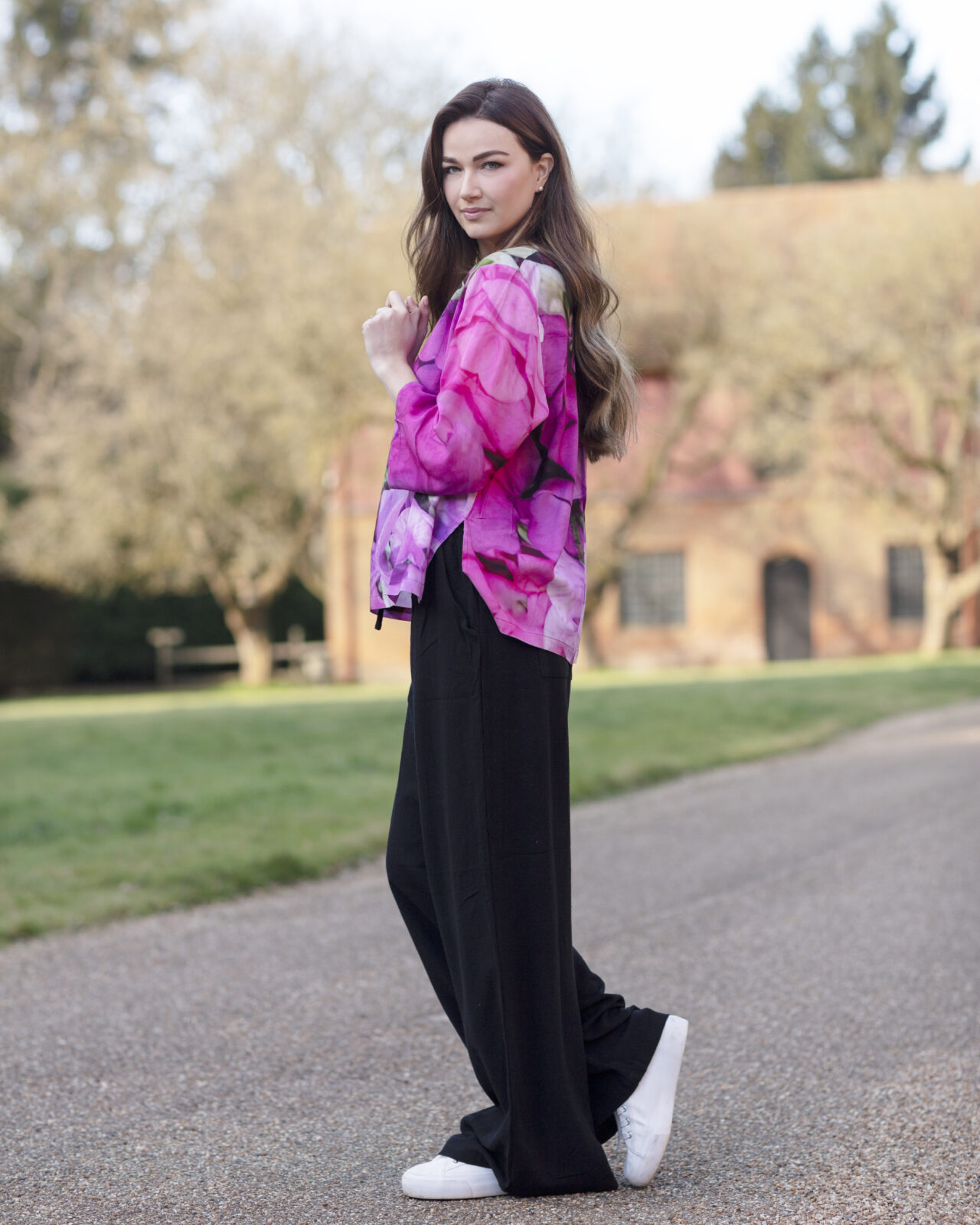 From My Mother's Garden Sweet Pea floral box top in pinks and purples. A lightweight top with long sleeves, perfect for the Spring Summer