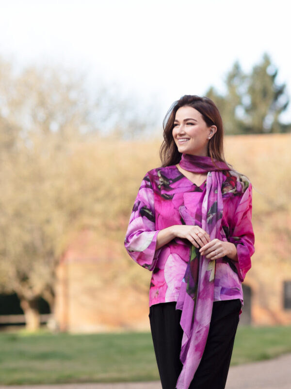 From My Mother's Garden Sweet Pea floral box top in pinks and purples. A lightweight top with long sleeves, perfect for the Spring Summer