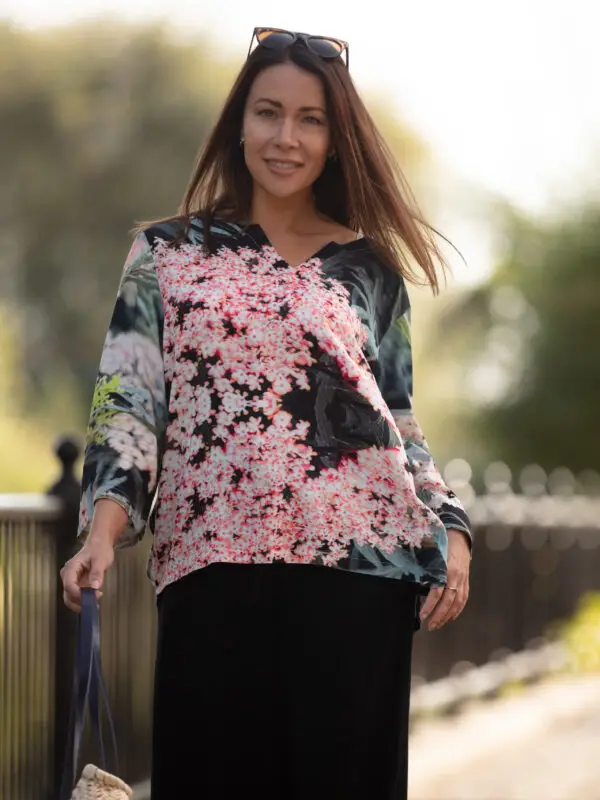 From My Mother's Garden Black Lace Box Top in a silky smooth fabric. The print is based on a variety of Elderflower called Black Lace
