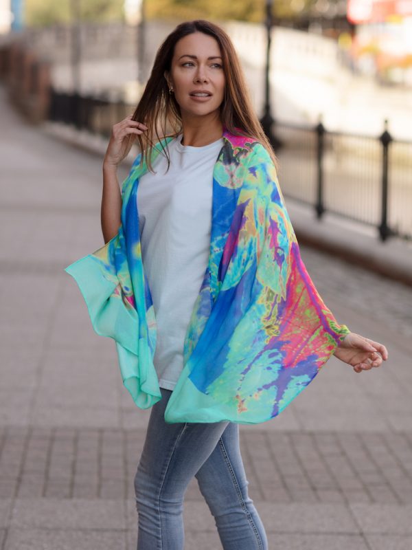 From My Mother's Garden Aqua Neon Leaf Print Bamboo Scarf