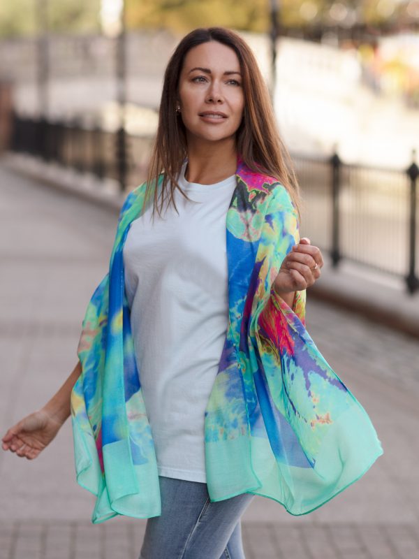 From My Mother's Garden Aqua Neon Leaf Print Bamboo Scarf