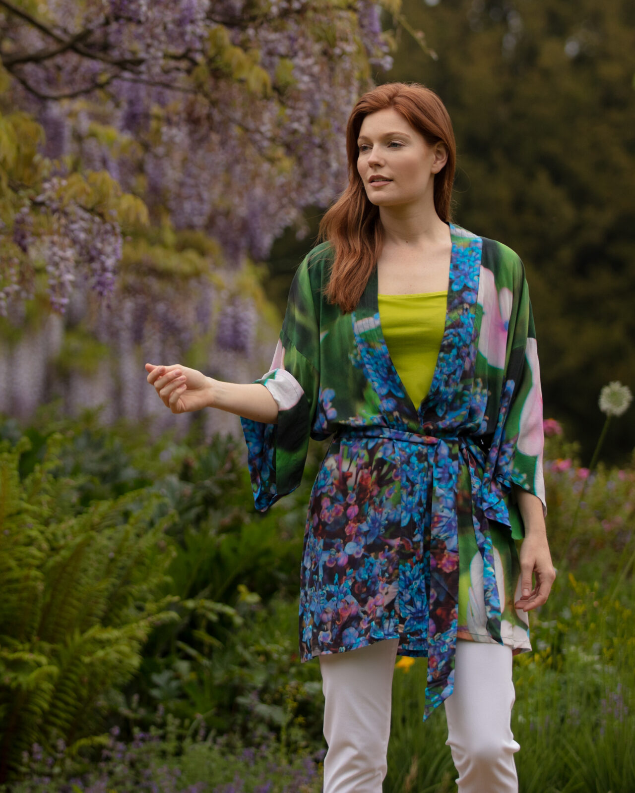 From My Mother's Garden Electric Blues hydrangea print on a new Mini Robe or longline kimono in a sustainable fabric