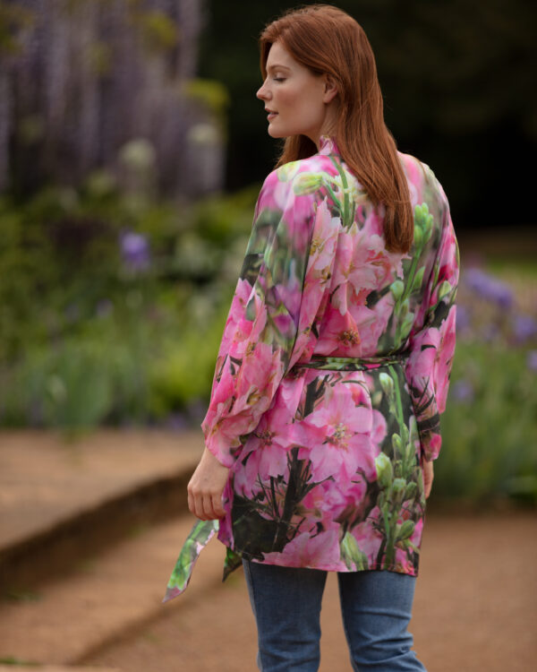From My Mother's Garden Pink Lady Mini Robe features a beautiful delphinium print