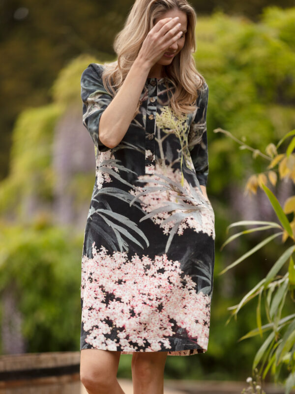From My Mother's Garden Black Lace Elderflower linen rayon mix summer dress with a round neckline and mid-length sleeves
