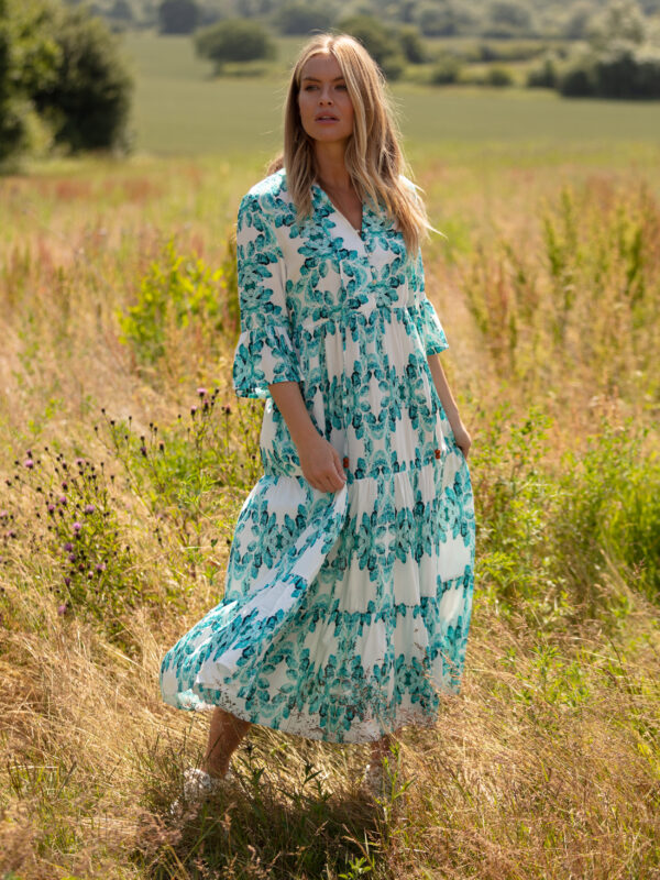 From My Mother's Garden Aqua Leaves Tiered Dress Midaxi Dress