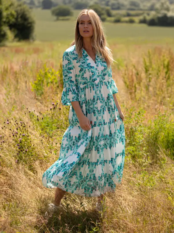 From My Mother's Garden Aqua Leaves Tiered Dress Midaxi Dress