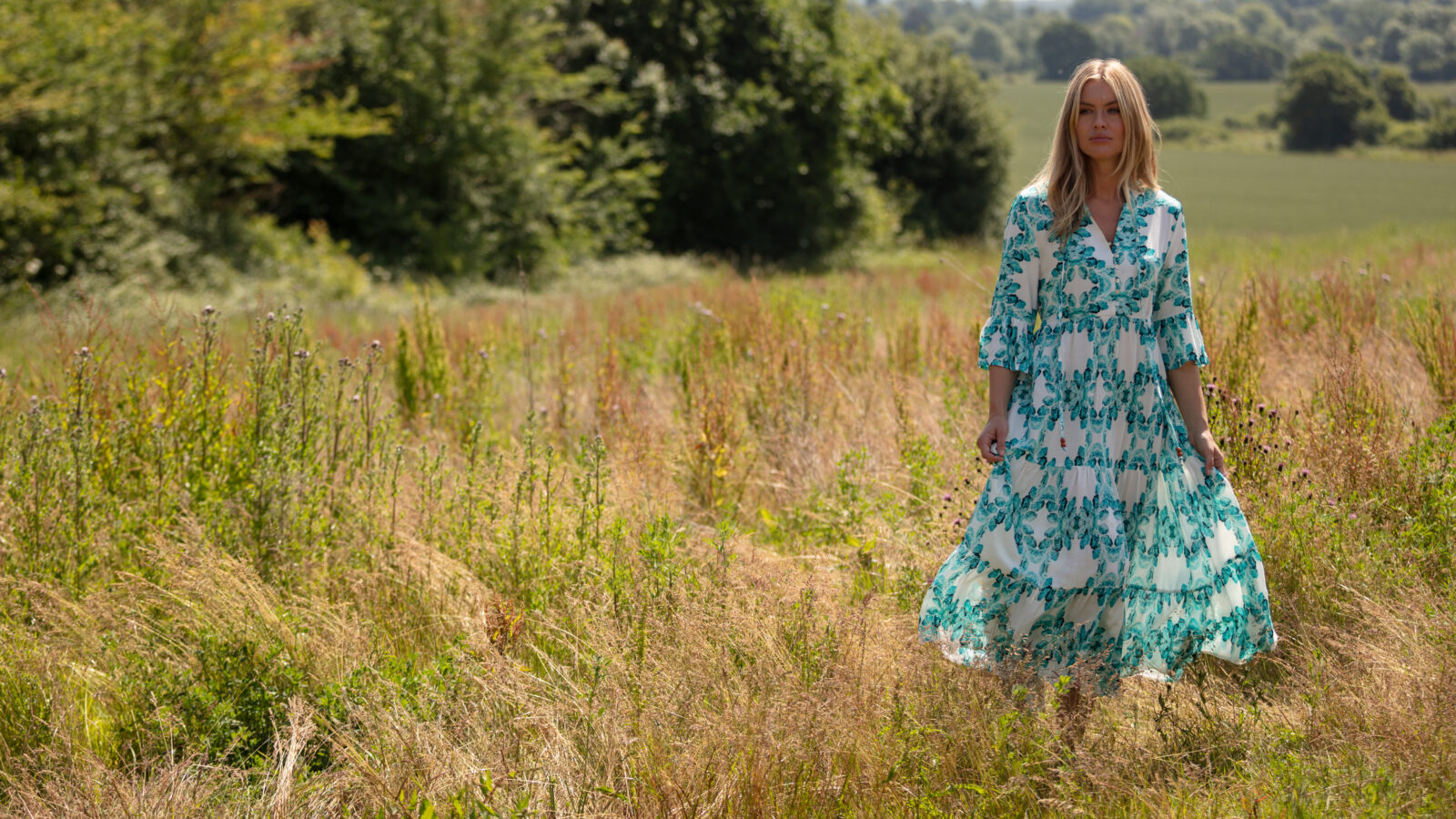 From My Mother's Garden Aqua Leaves Tiered Dress Midaxi Dress