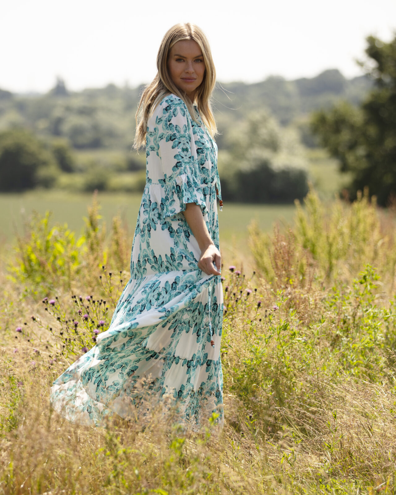 From My Mother's Garden Aqua Leaves Tiered Dress Midaxi Dress