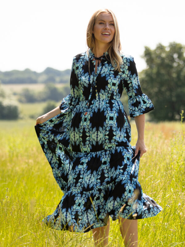 From My Mother's Garden Dark Blue Leaves Tiered Midaxi summer dress