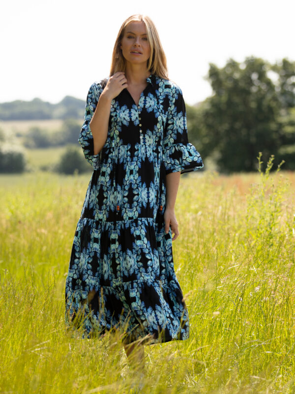 From My Mother's Garden Dark Blue Leaves Tiered Midaxi summer dress