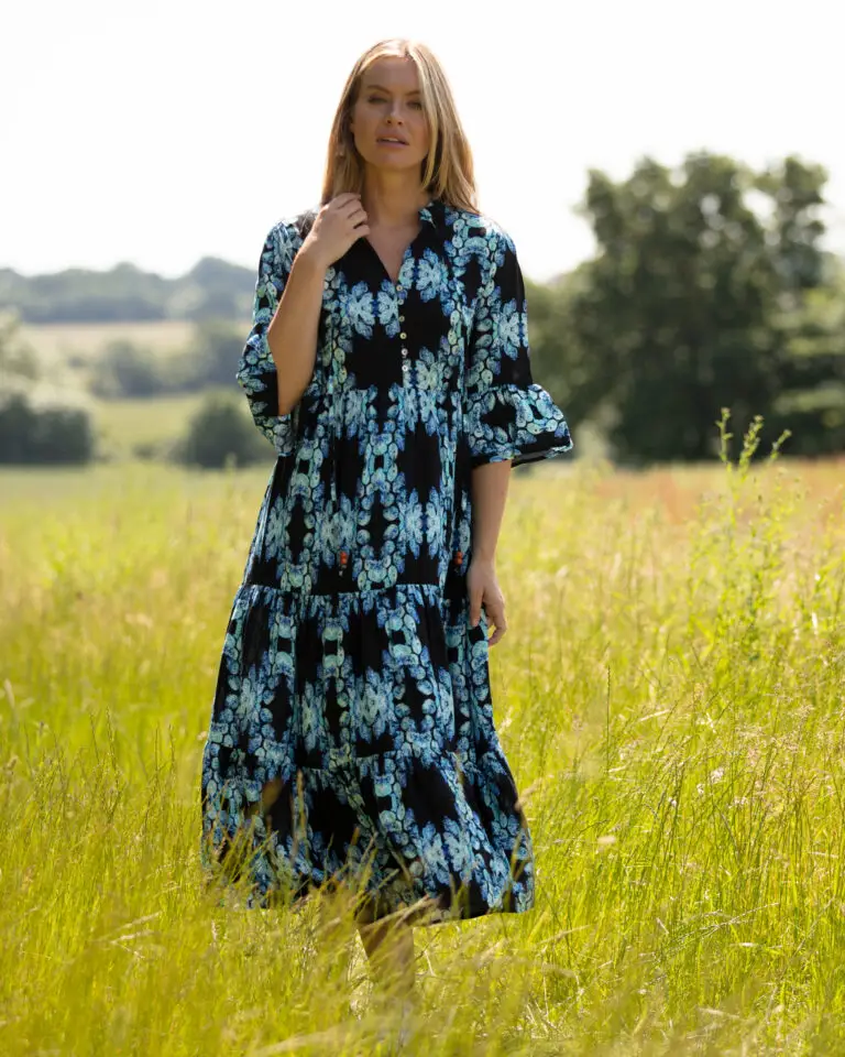 From My Mother's Garden Dark Blue Leaves Tiered Midaxi summer dress