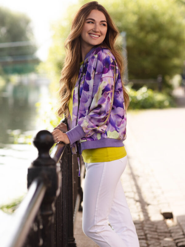 From My Mother's Garden Wisteria satin jacket in a beautiful lilac floral print