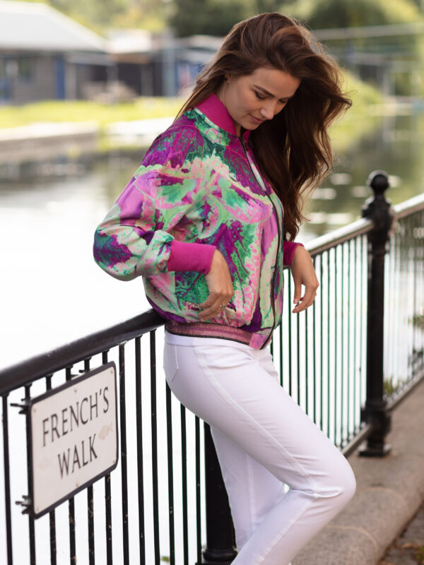 From My Mother's Garden fabulous satin bomber jacket in our exclusive pink neon leaf print which wouldn't look out of place in Ibiza!