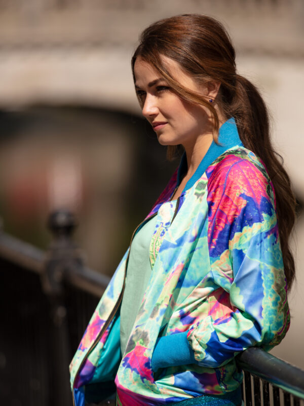 From My Mother's Garden fabulous satin bomber jacket in our exclusive aqua neon leaf print which wouldn't look out of place in Ibiza!
