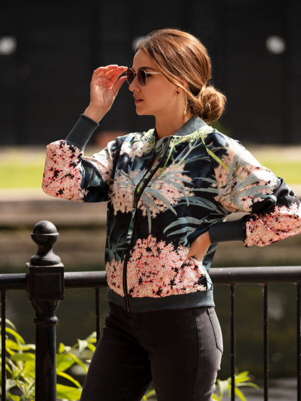 From My Mother's Garden Black Lace Elderflower Satin Bomber Jacket is cropped and seriously stylish
