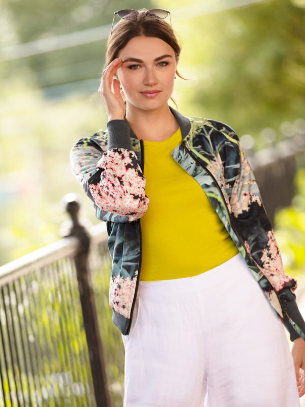 From My Mother's Garden Black Lace Elderflower Satin Bomber Jacket is cropped and seriously stylish