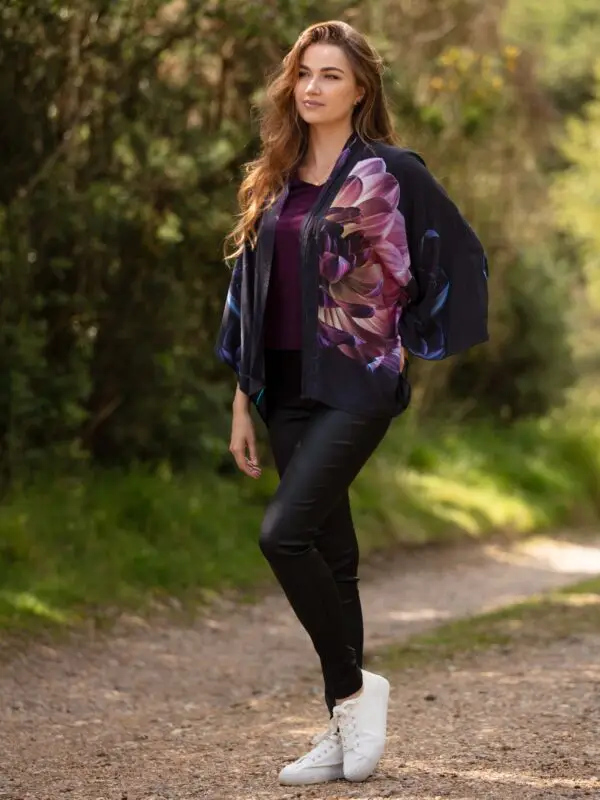 From My Mother's Garden Deep As Dahlias Short Kimono in a sustainable silky viscose