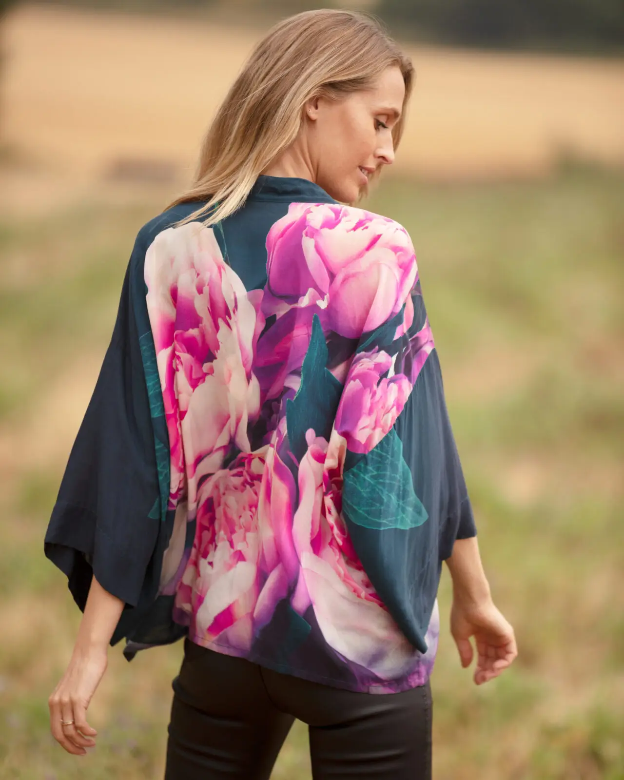 From My Mother's Garden Pink Peonies short lightweight kimono in a silky sustainable fabric