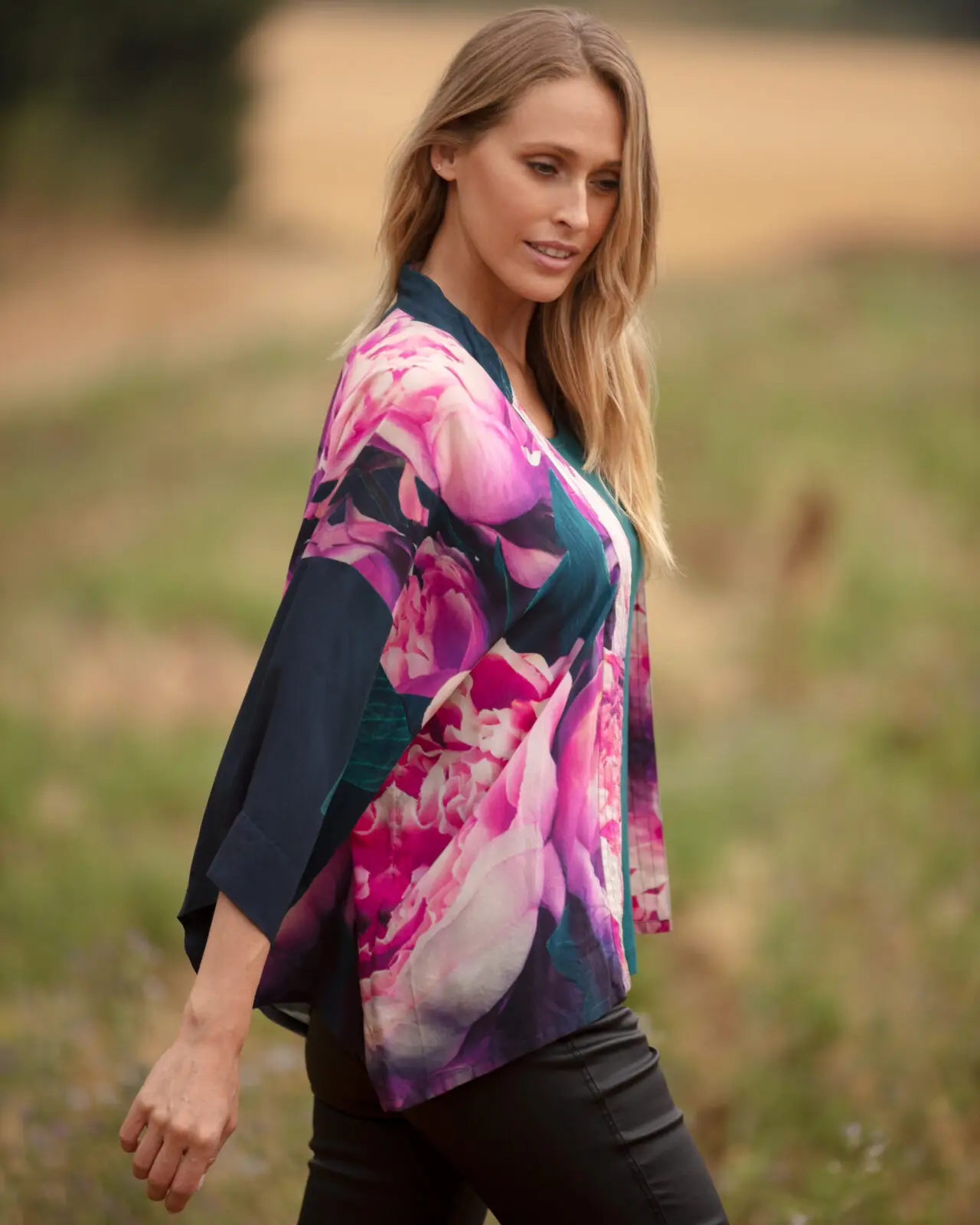 From My Mother's Garden Pink Peonies short lightweight kimono in a silky sustainable fabric