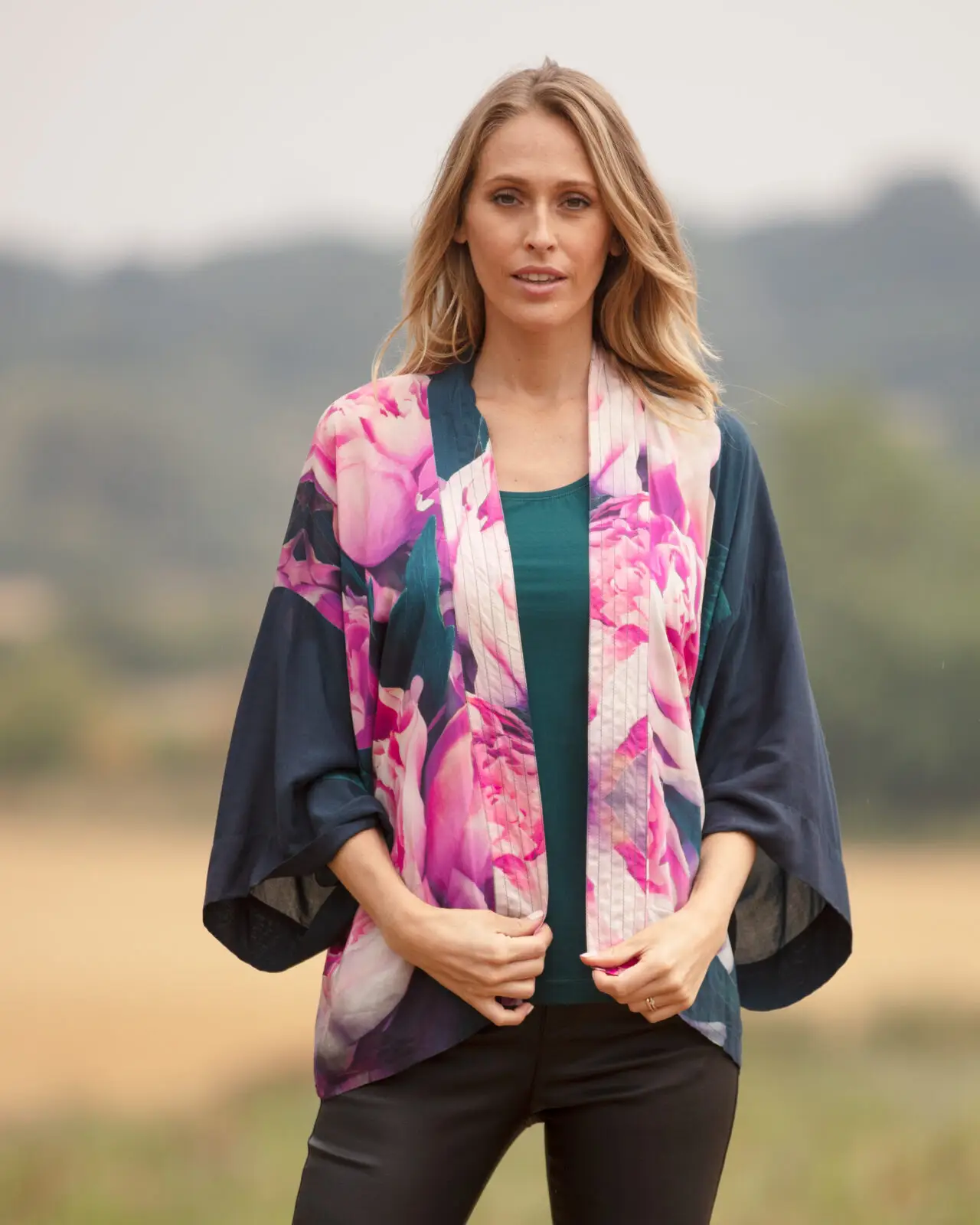 From My Mother's Garden Pink Peonies short lightweight kimono in a silky sustainable fabric