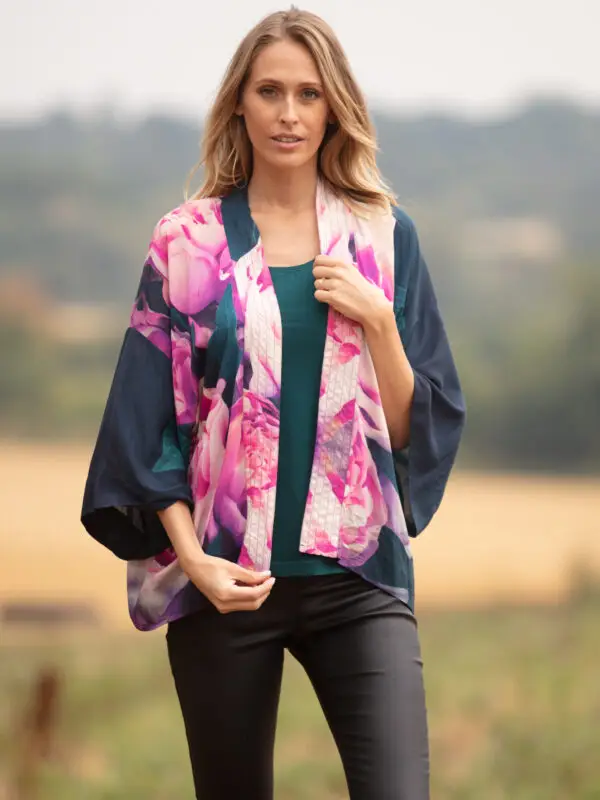 From My Mother's Garden Pink Peonies short lightweight kimono in a silky sustainable fabric