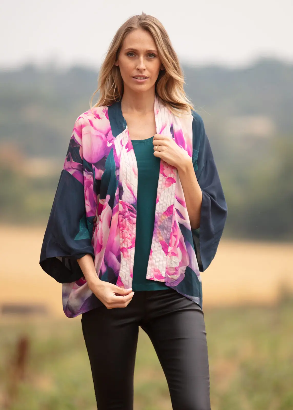 From My Mother's Garden Pink Peonies short lightweight kimono in a silky sustainable fabric