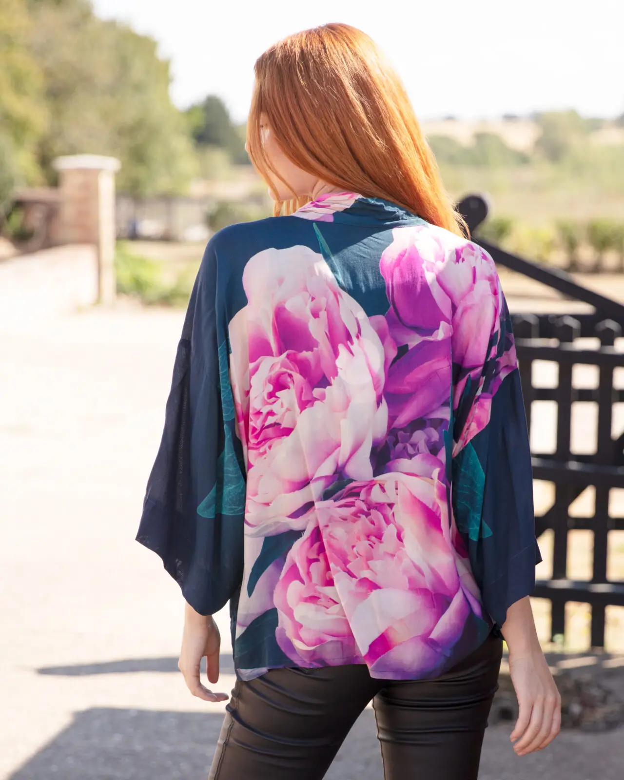 From My Mother's Garden Pink Peonies short lightweight kimono in a silky sustainable fabric