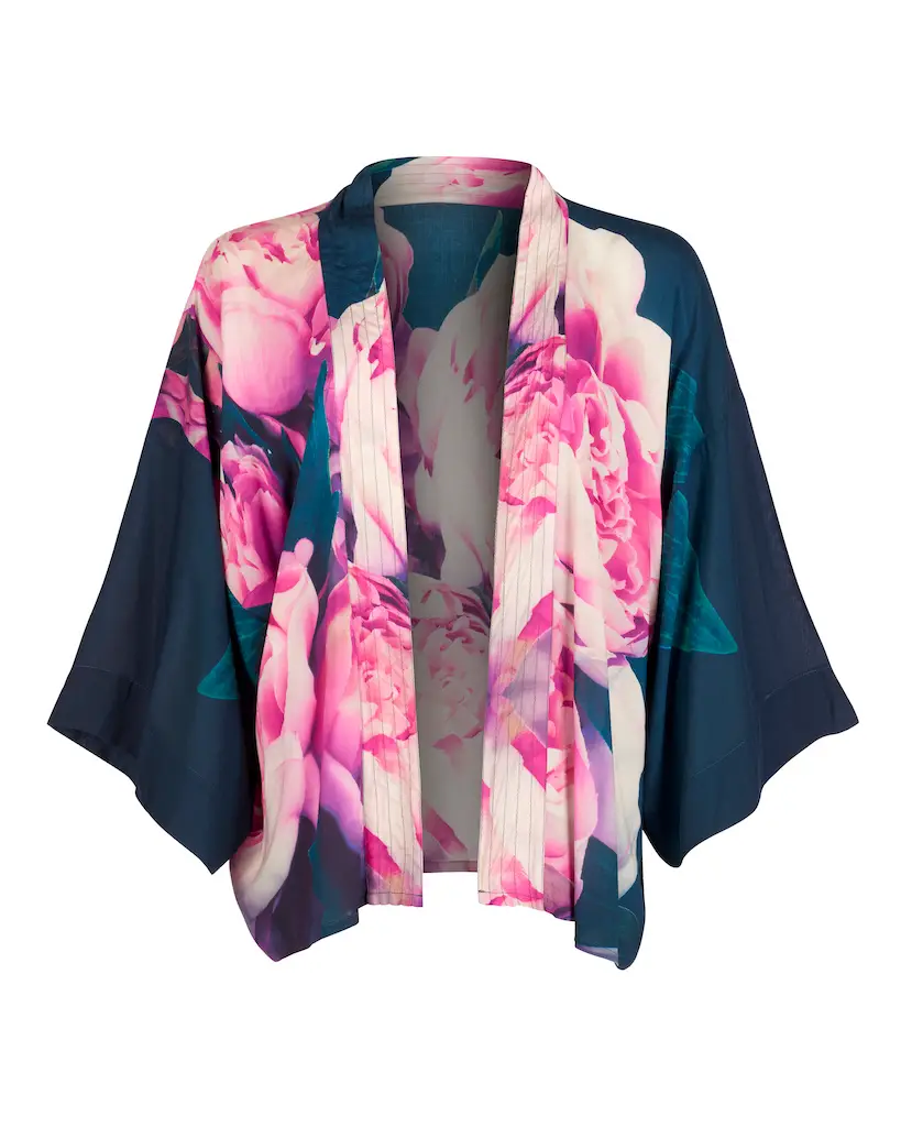 From My Mother's Garden Pink Peonies short lightweight kimono in a silky sustainable fabric