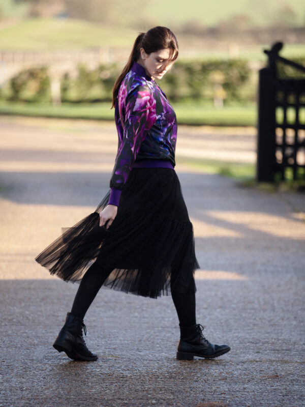 From My Mother's Garden Jewel Hydrangea Satin Bomber Jacket is limited edition worn with the tiered tulle skirt