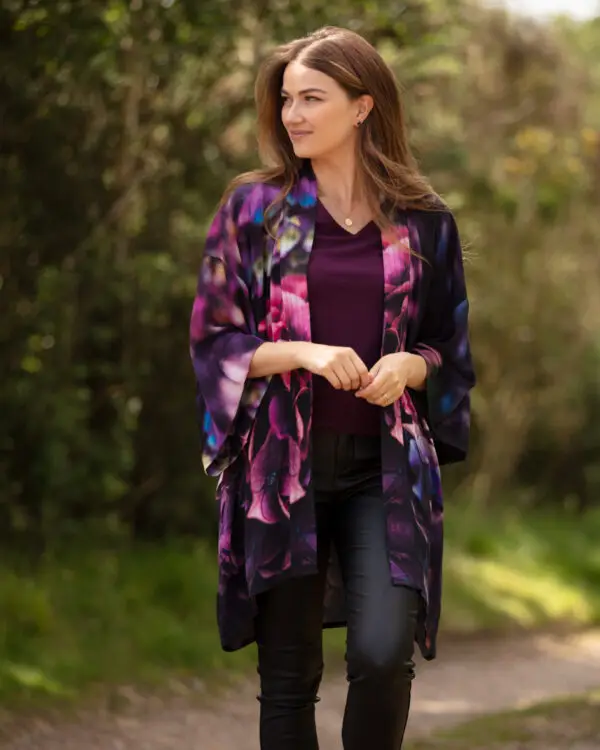 From My Mother's Garden Jewel Hydrangea Mid-Length Georgette Kimono in the Jewel Hydrangea print