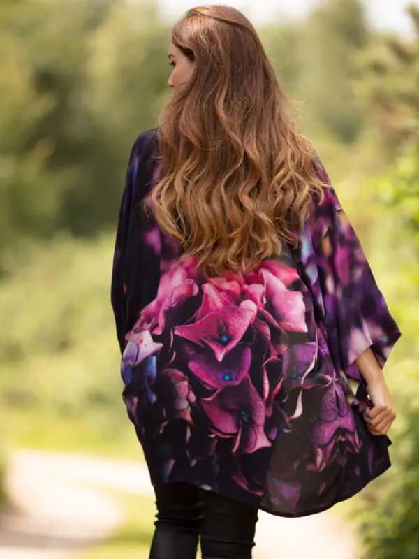 From My Mother's Garden Jewel Hydrangea Mid-Length Georgette Kimono in the Jewel Hydrangea print