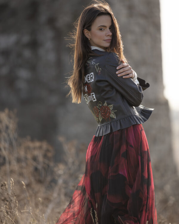 From My Mother's Garden photoshoot of the Petals Tulle Skirt with a SammyLeasRetro custom painted leather jacket
