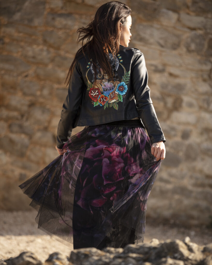From My Mother's Garden photoshoot of the Jewel Hydrangea Tulle Skirt with a SammyLeasRetro custom painted leather jacket