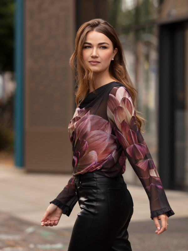 From My Mother's Garden Deep As Dahlias Tulle Top with a beautiful floral print, a draping neckline and frilled sleeves