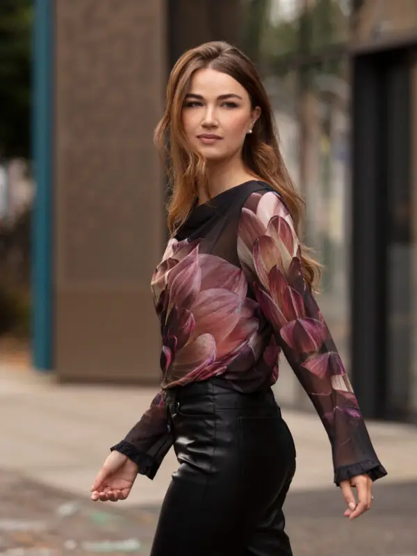 From My Mother's Garden Deep As Dahlias Tulle Top with a beautiful floral print, a draping neckline and frilled sleeves