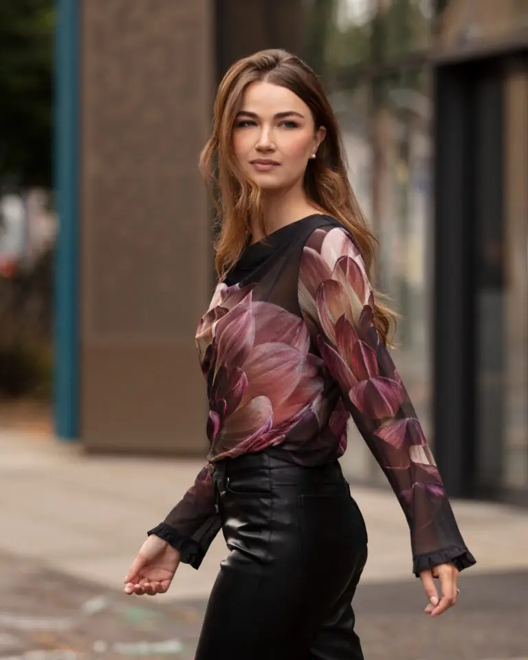 From My Mother's Garden Deep As Dahlias Tulle Top with a beautiful floral print, a draping neckline and frilled sleeves