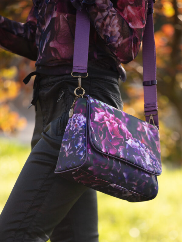 From My Mother's Garden Messenger Cross-Body Bag in the Jewel Hydrangea print
