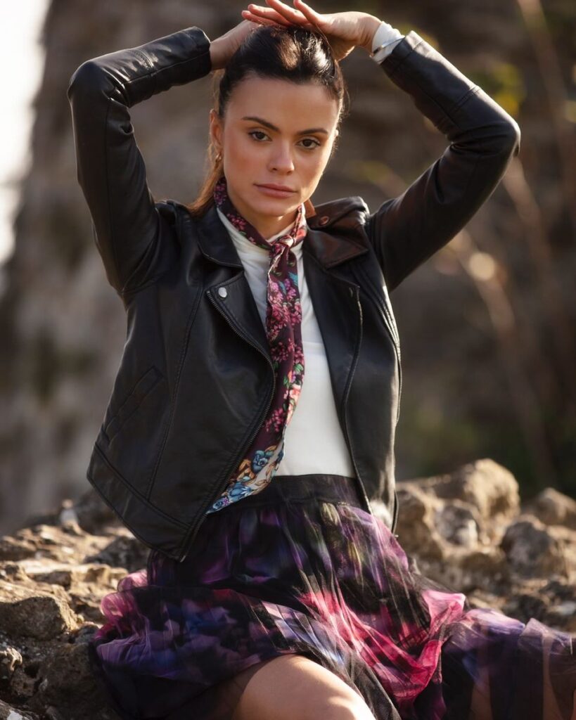 From My Mother's Garden photoshoot of the Jewel Hydrangea Tulle Skirt with a SammyLeasRetro custom painted leather jacket