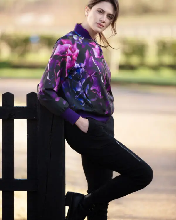 From My Mother's Garden Jewel Hydrangea Satin Bomber Jacket is limited edition