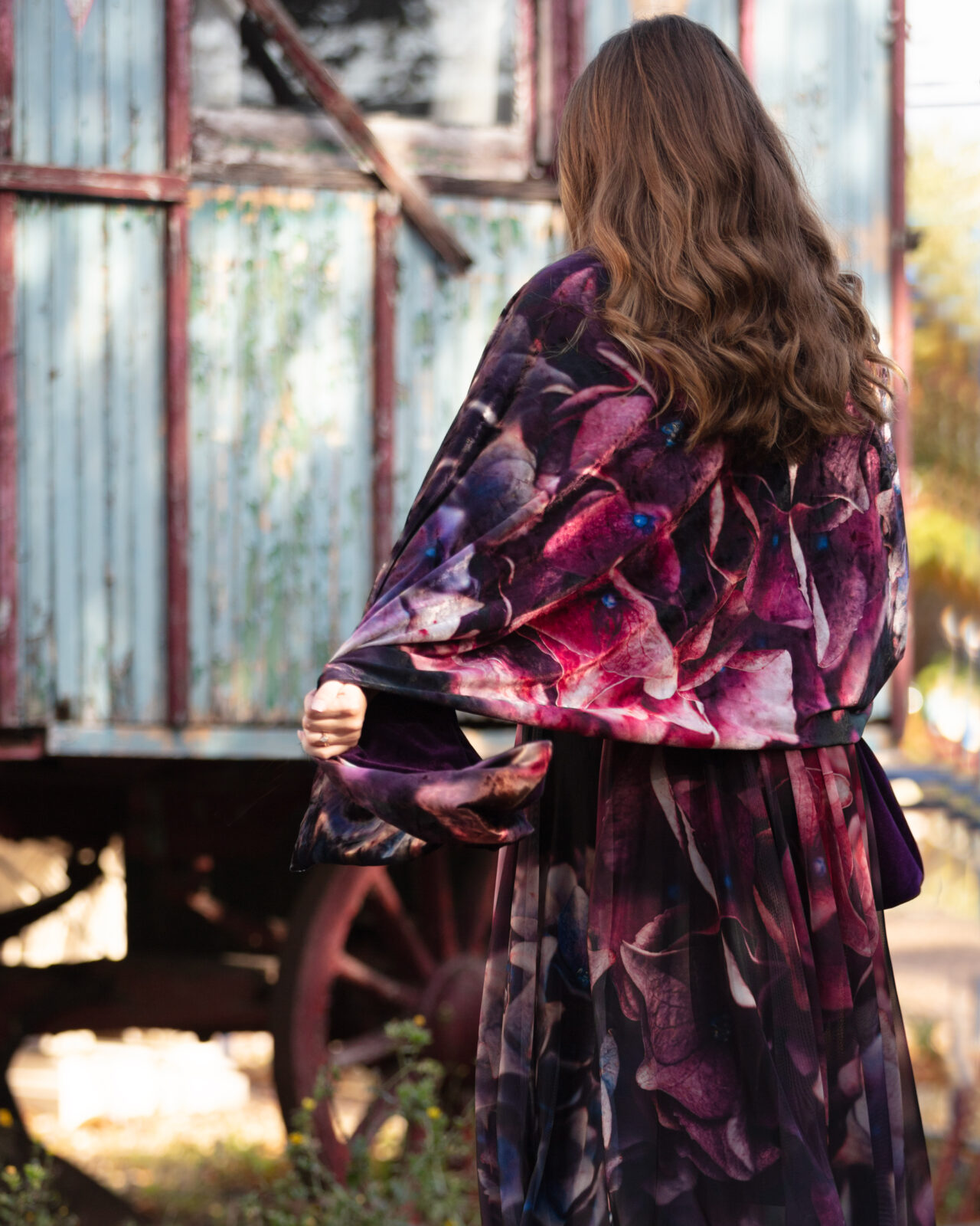 From My Mother's Garden large velvet stole in the rich and luxurious Jewel Hydrangea print with an aubergine plain reverse, perfect for parties and special occasions and to add a touch of luxury to your outfit