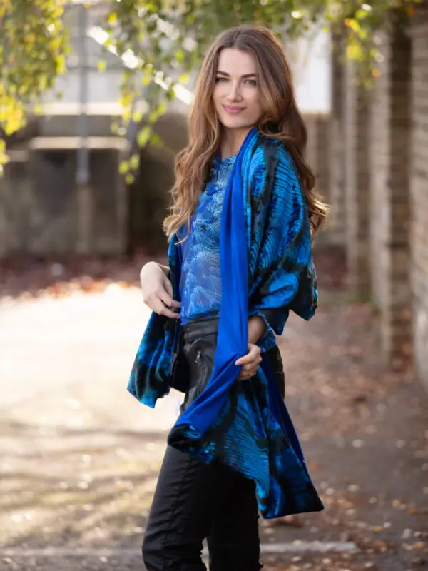 From My Mother's Garden large velvet stole in the rich and luxurious Peacock print with a cobalt blue plain reverse, perfect for parties and special occasions and to add a splash of colour to your outfit