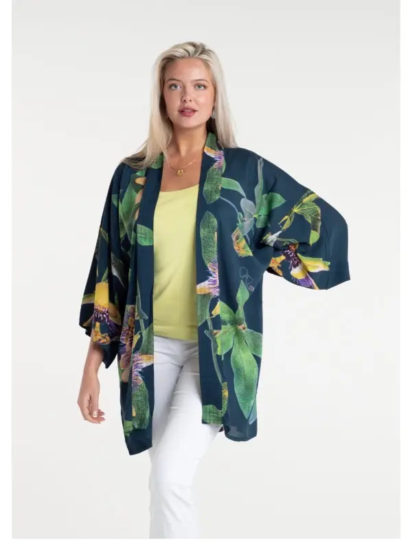 From My Mother's Garden Passionflower in Petrol is a mid-length kimono made of a silky, sustainable fabric